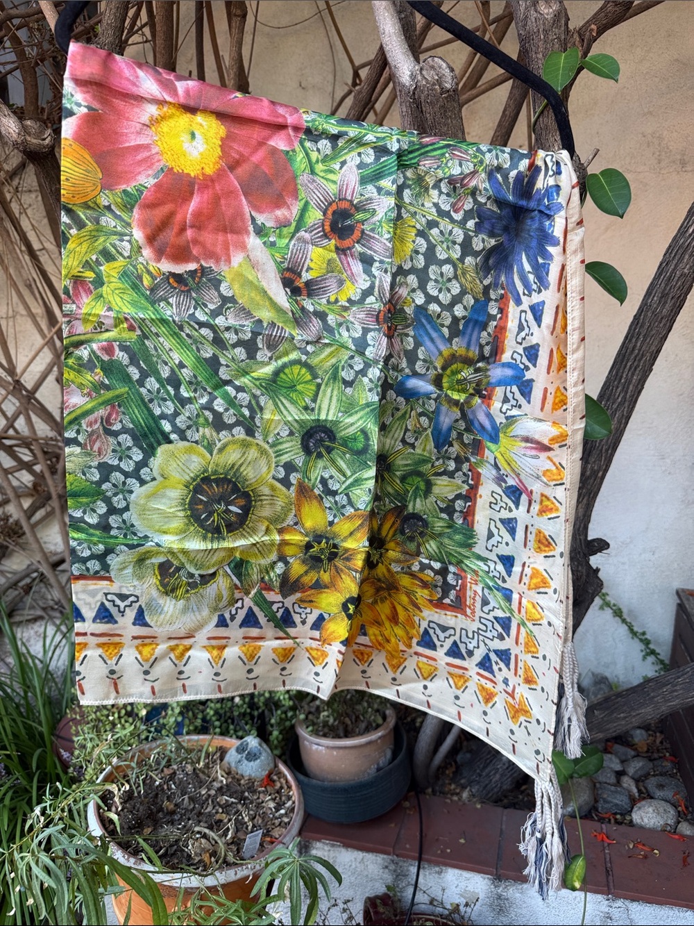 Johnny Was Multicolor Floral Silk Scarf with Fringe